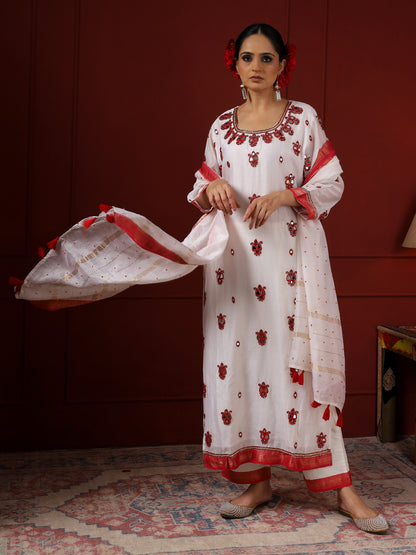 White and Red Paisley Kurta Set