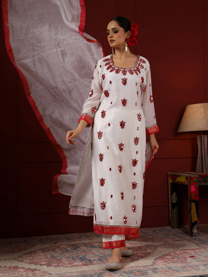 White and Red Paisley Kurta Set