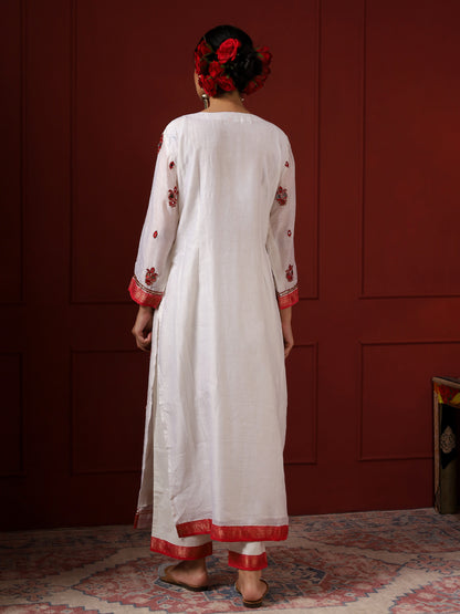 White and Red Paisley Kurta Set