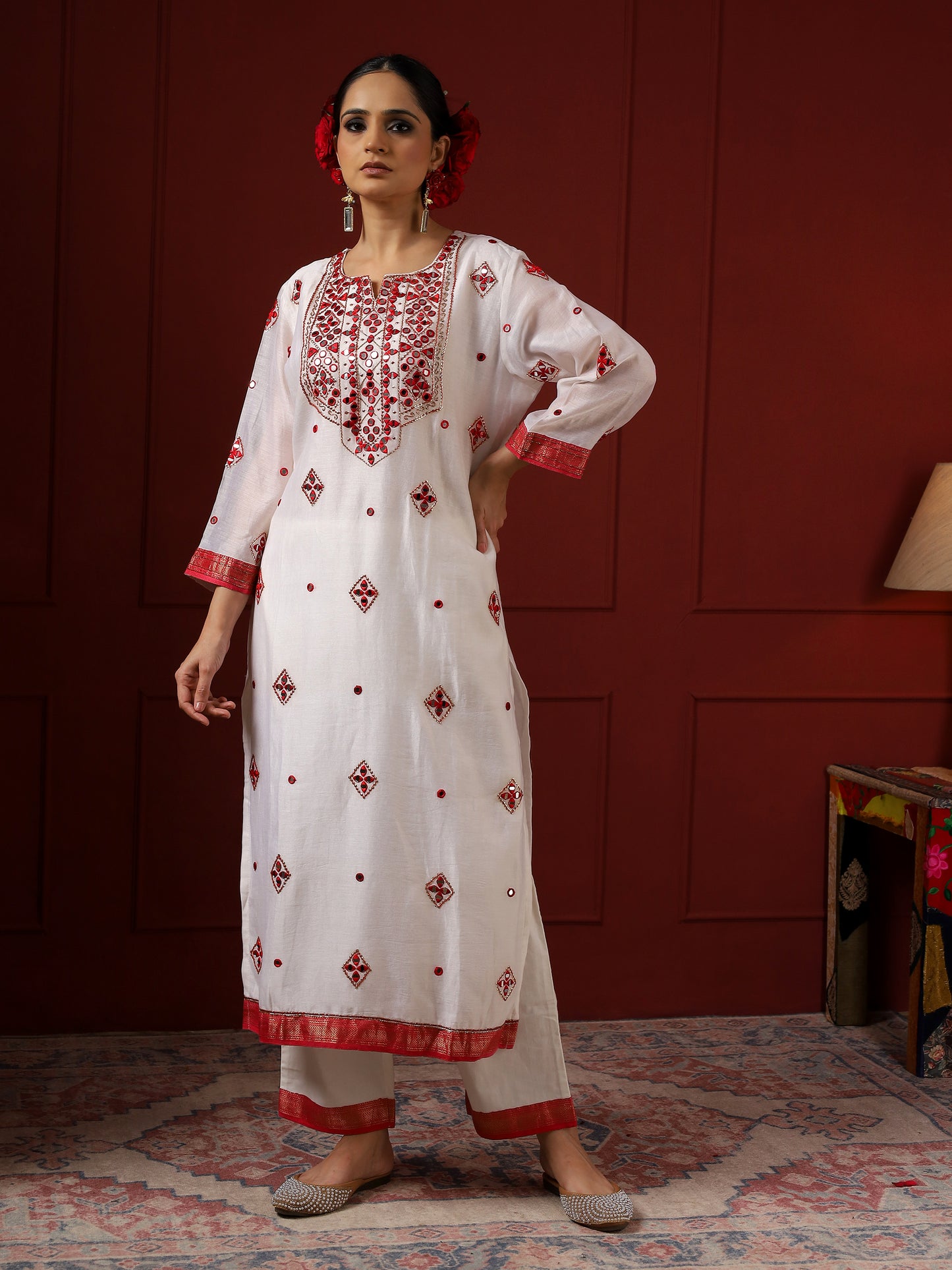 White and Red Square Neck Kurta Set