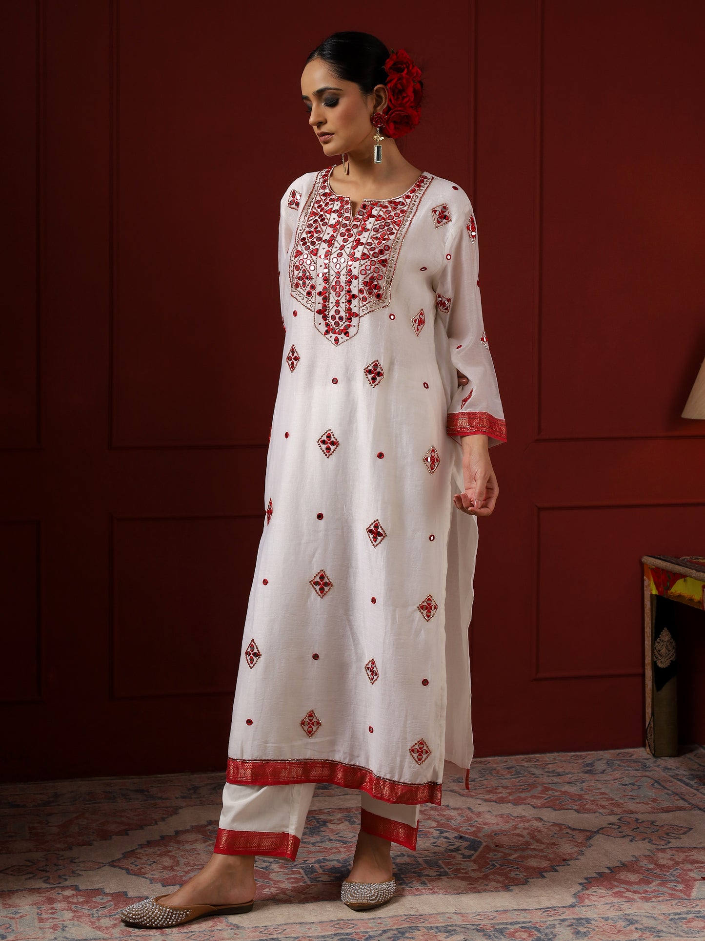 White and Red Square Neck Kurta Set