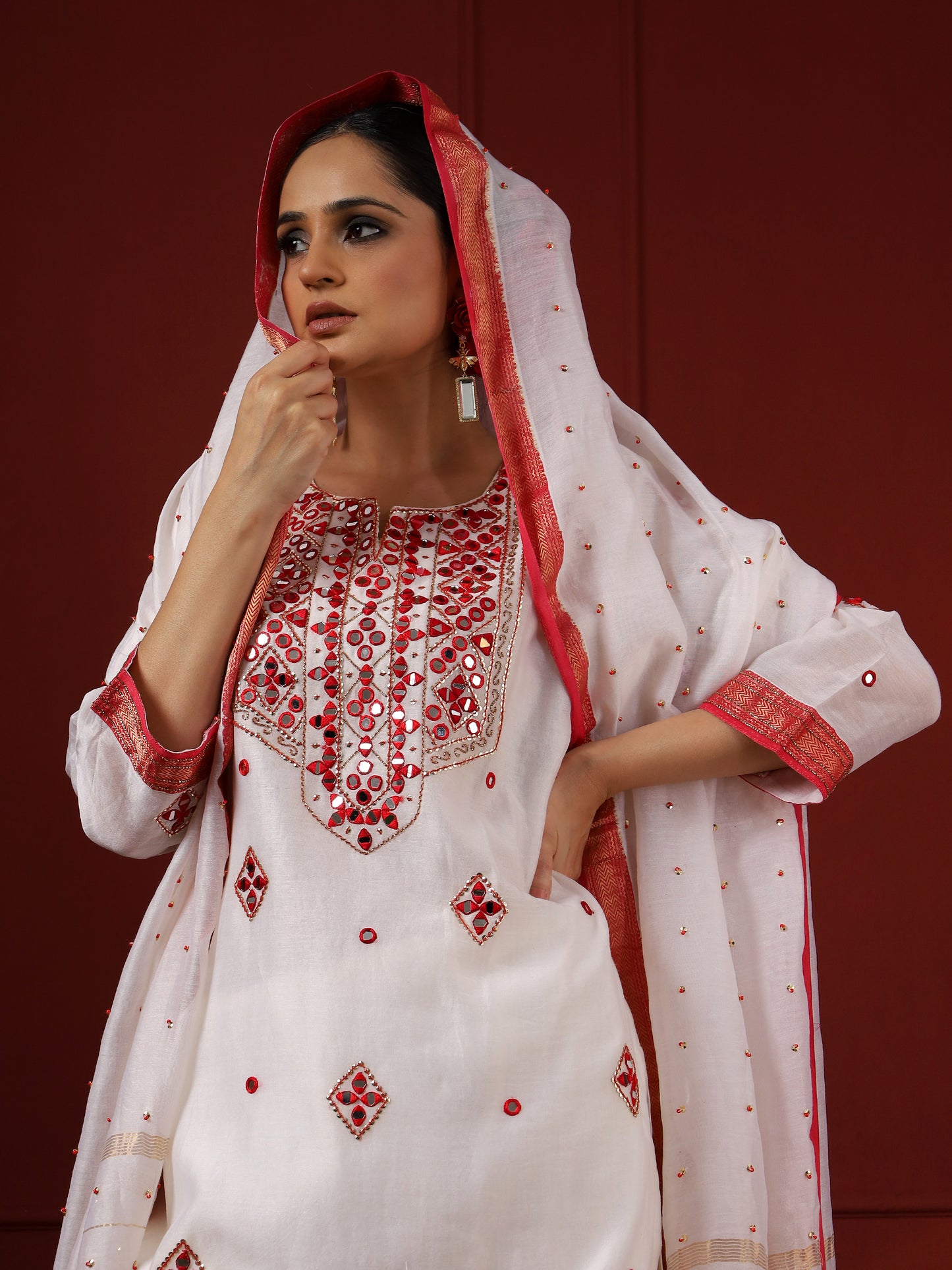 White and Red Square Neck Kurta Set