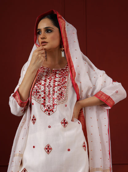 White and Red Square Neck Kurta Set