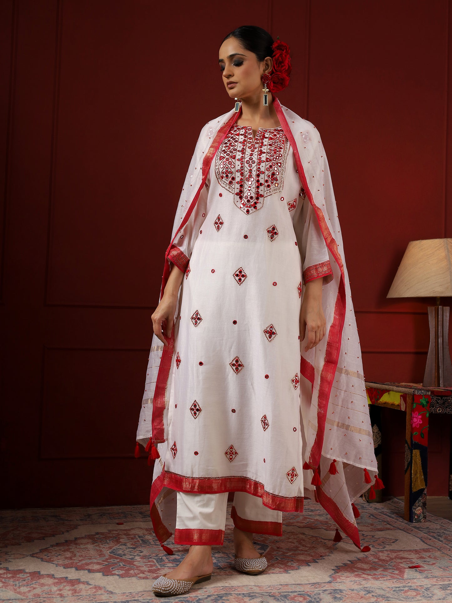 White and Red Square Neck Kurta Set