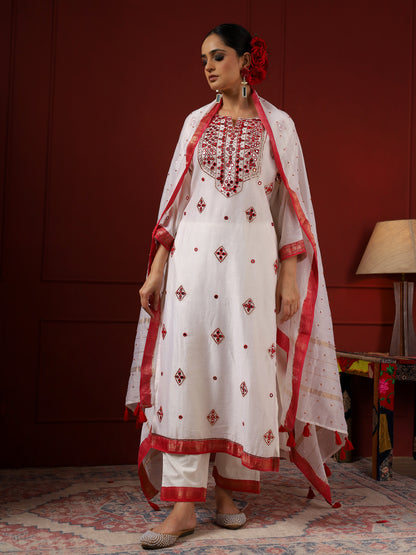 White and Red Square Neck Kurta Set