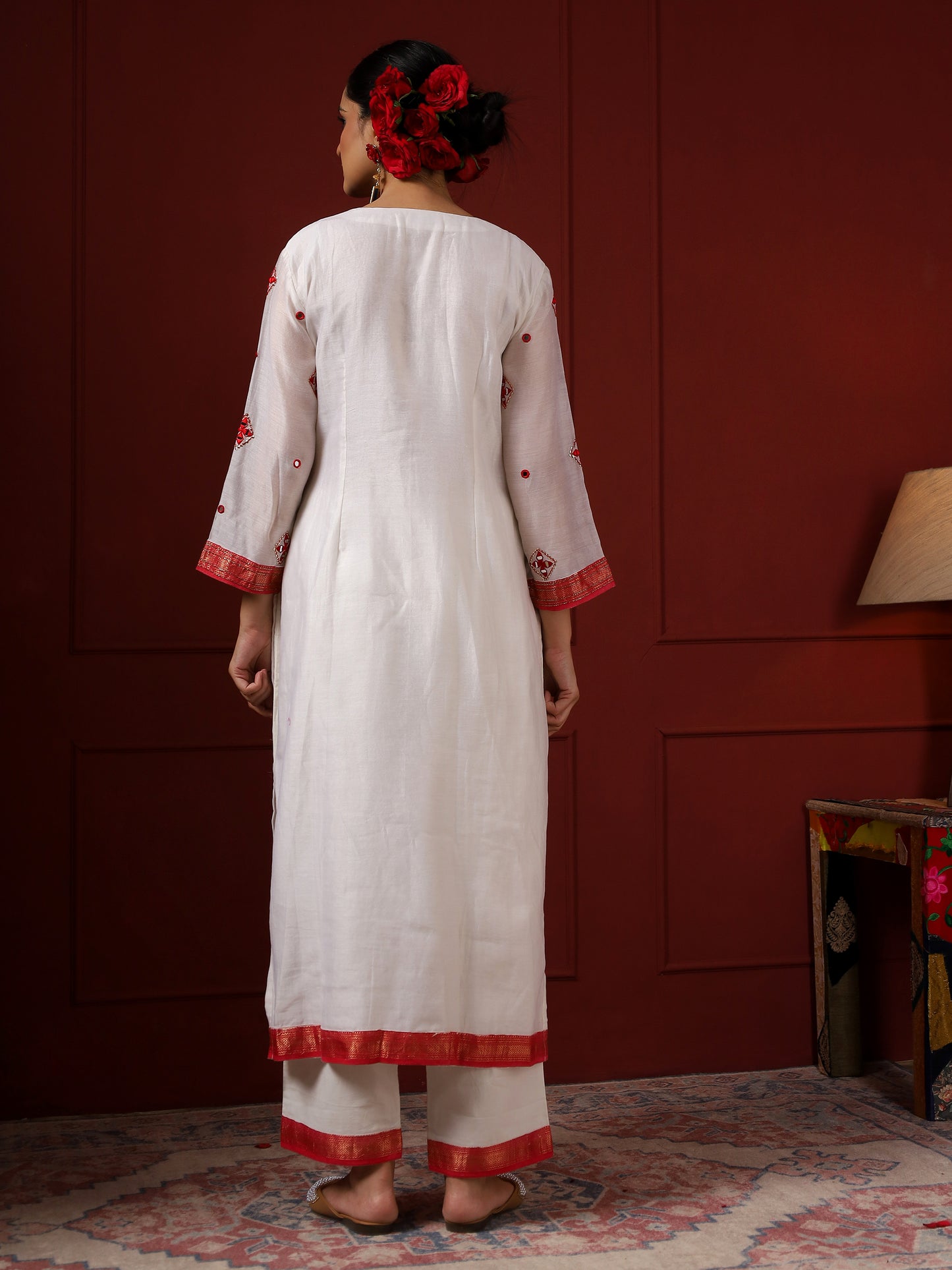 White and Red Square Neck Kurta Set