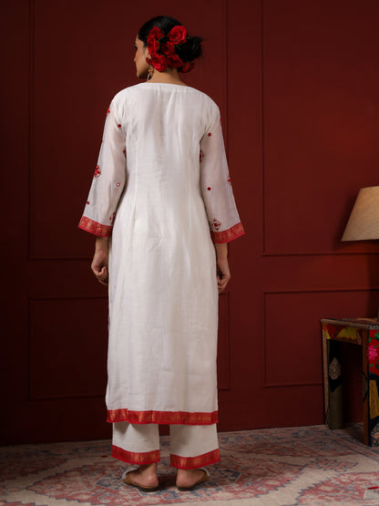 White and Red Square Neck Kurta Set