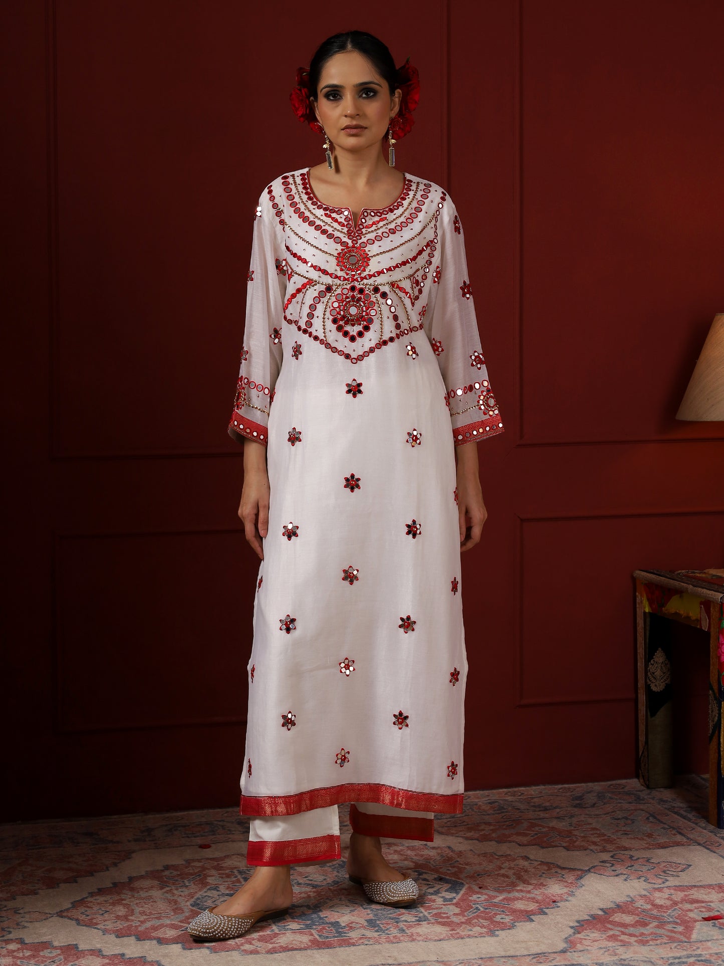 White and Red Pendant Yoke Kurta Set