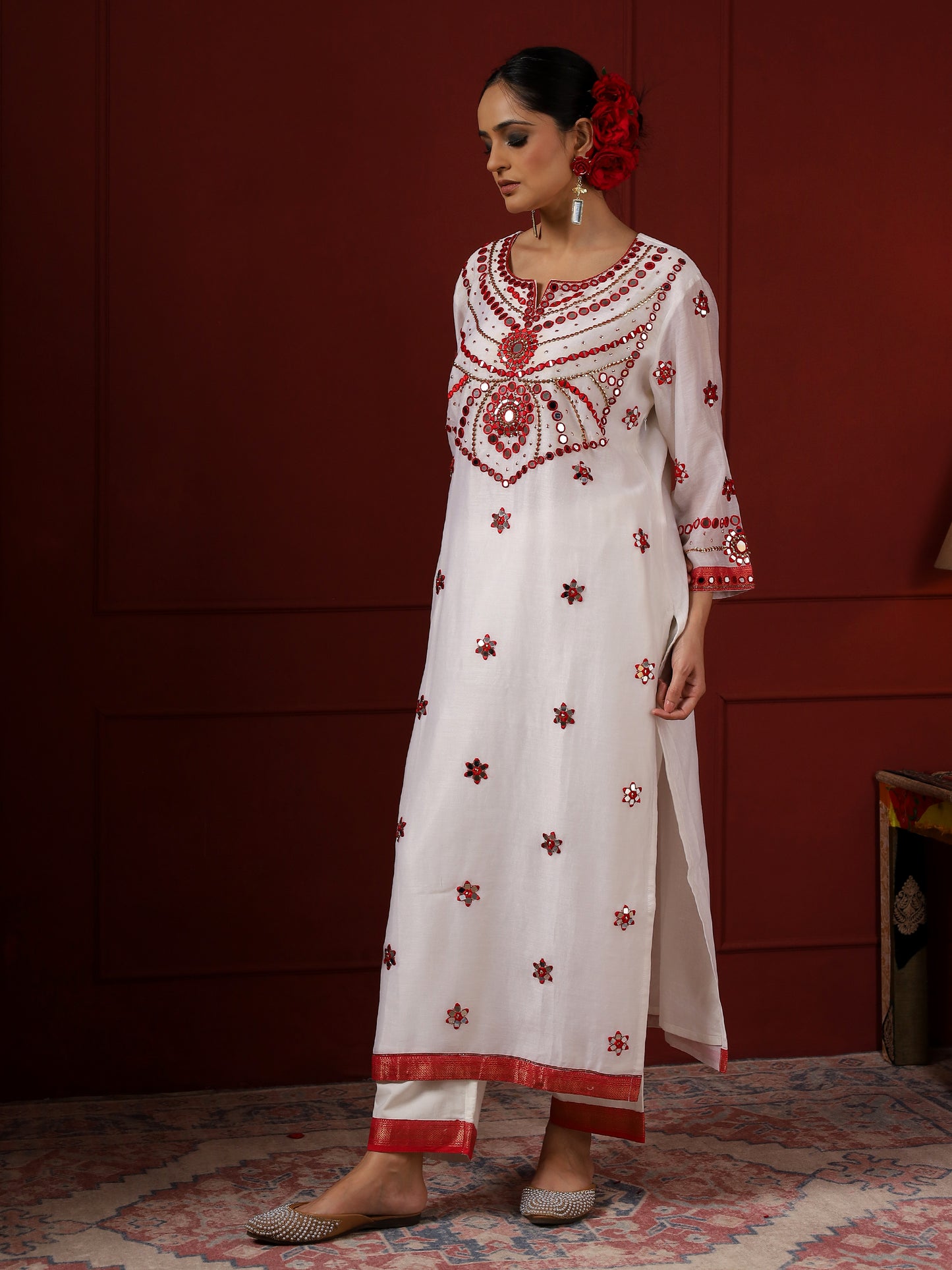 White and Red Pendant Yoke Kurta Set