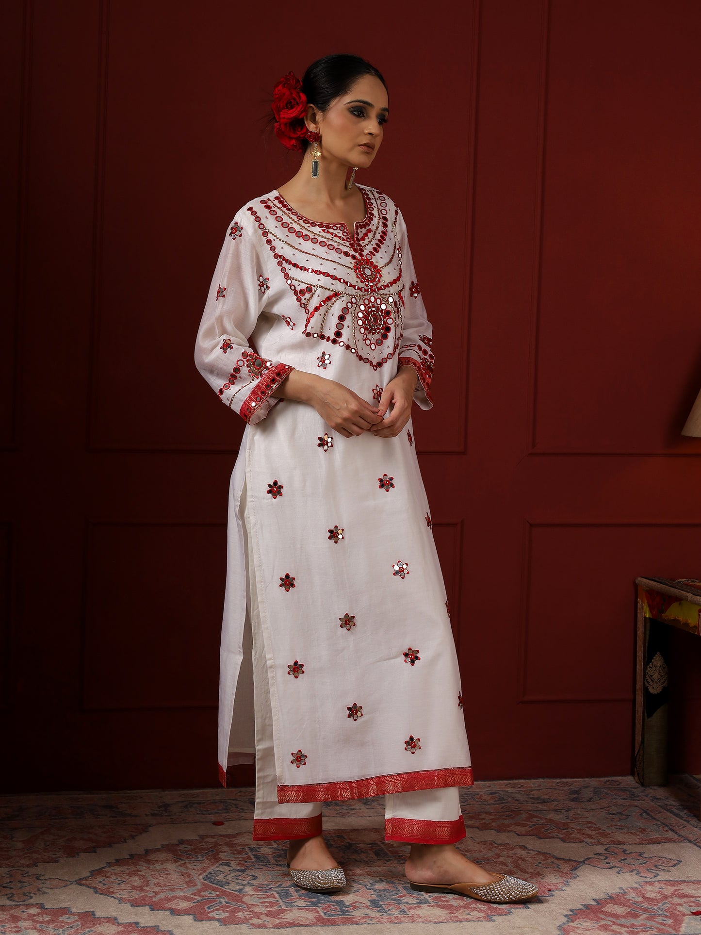 White and Red Pendant Yoke Kurta Set