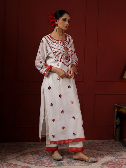 White and Red Pendant Yoke Kurta Set