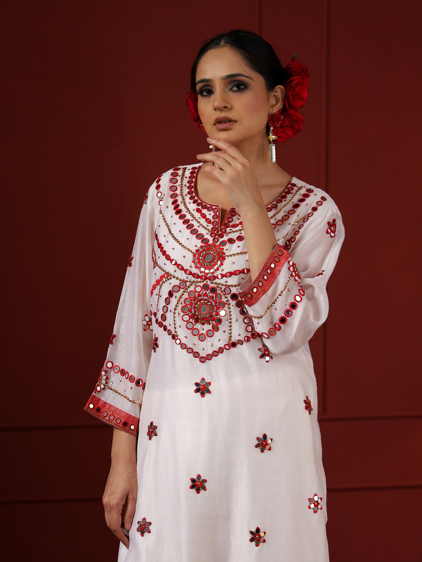 White and Red Pendant Yoke Kurta Set
