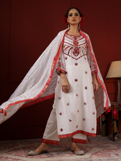 White and Red Pendant Yoke Kurta Set