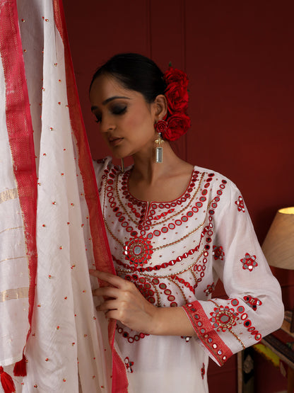 White and Red Pendant Yoke Kurta Set