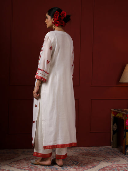 White and Red Pendant Yoke Kurta Set
