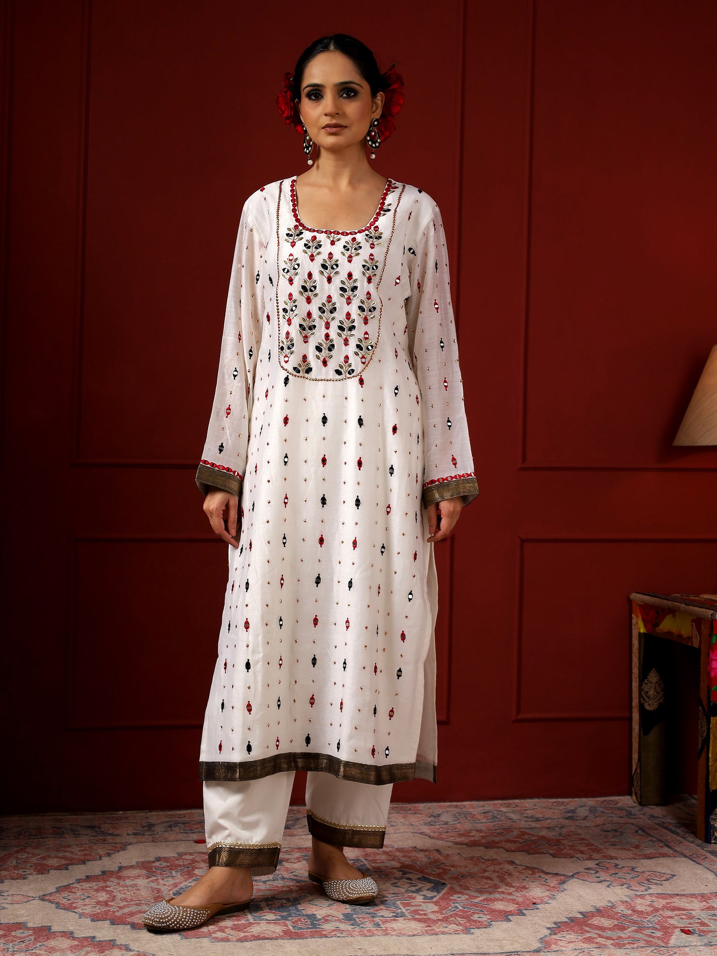White And Black Leaf Yoke Kurta Set
