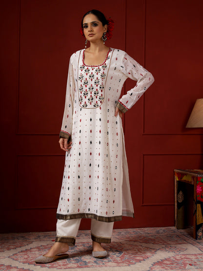 White And Black Leaf Yoke Kurta Set