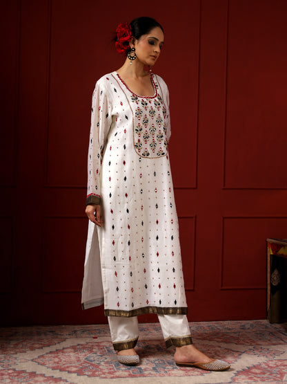 White And Black Leaf Yoke Kurta Set