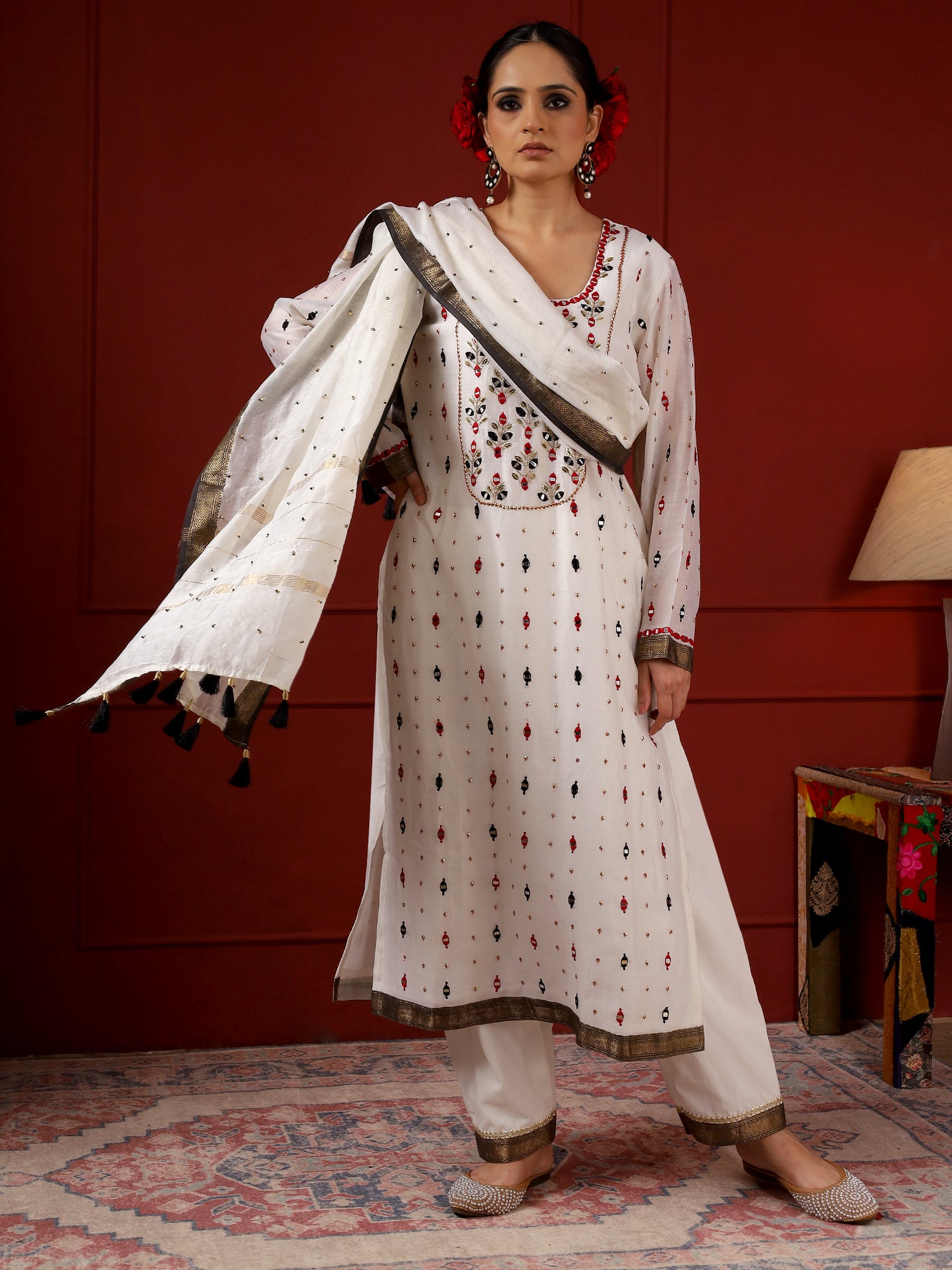 White And Black Leaf Yoke Kurta Set