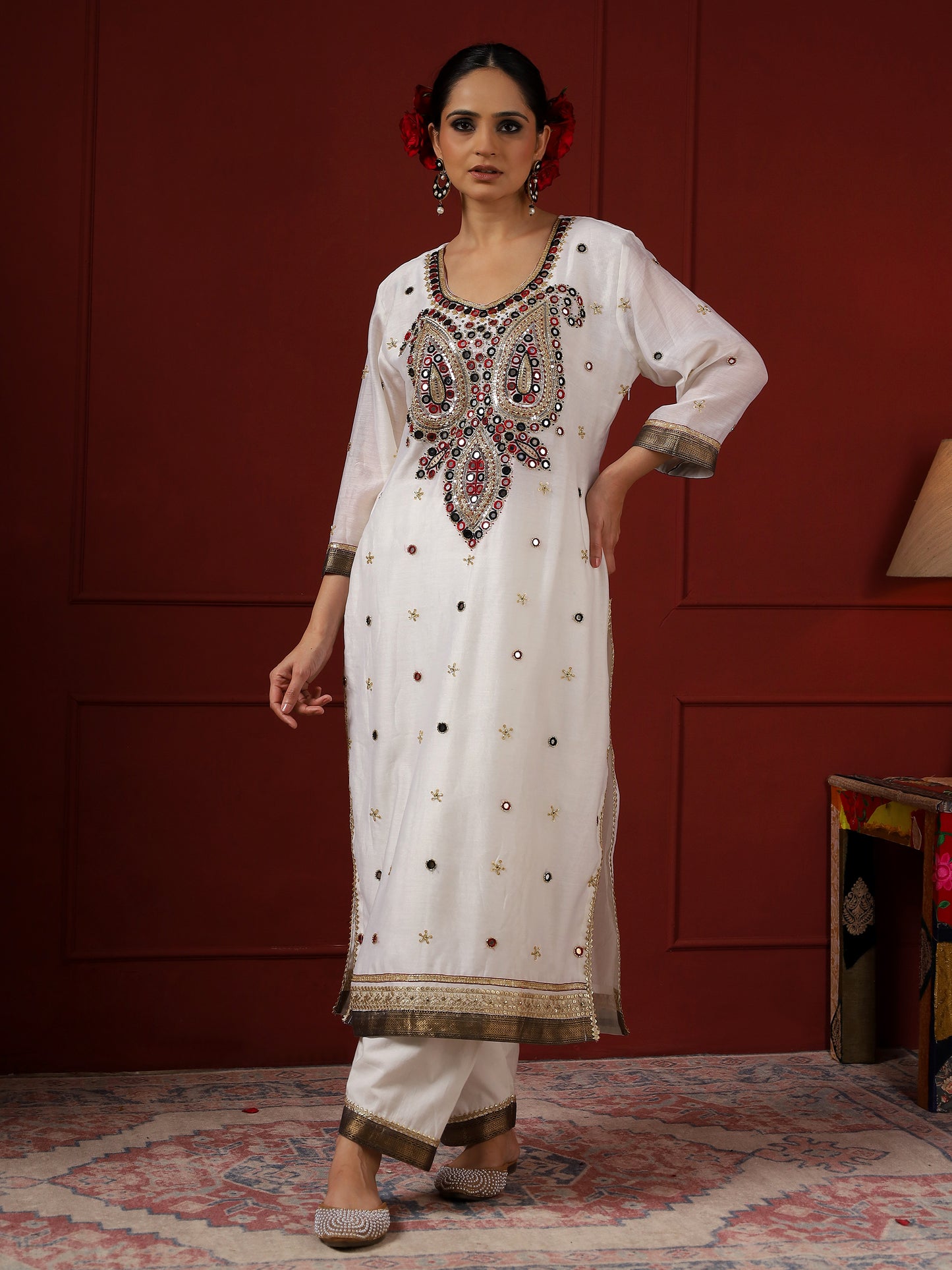 White and Black Big Paisley Kurta set
