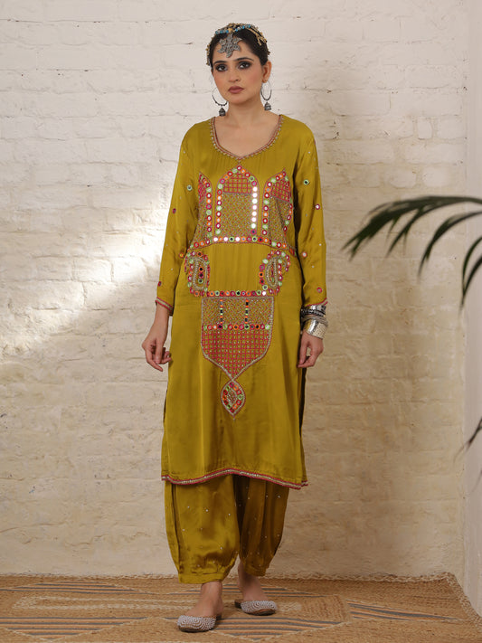 Mustard Yellow Silk Embroidered Kurta Set