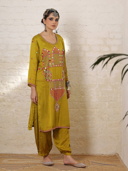 Mustard Yellow Silk Embroidered Kurta Set