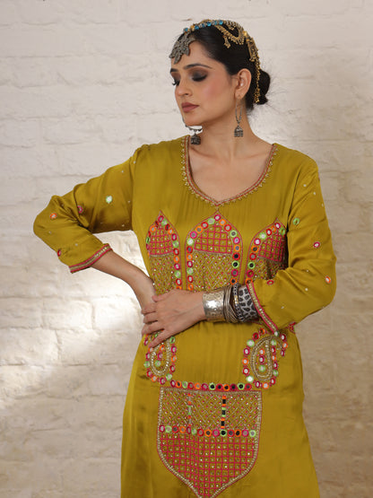 Mustard Yellow Silk Embroidered Kurta Set
