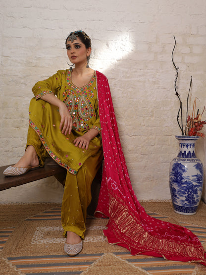 Mustard Silk Embroidered Paisley Kurta Set