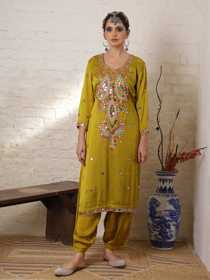 Mustard Silk Embroidered Paisley Kurta Set