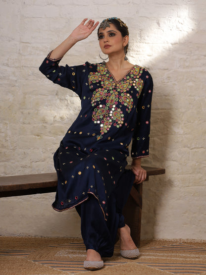 Blue Silk Embroidered Paisley Kurta Set
