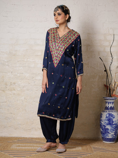 Blue Silk Embroidered Kurta Set
