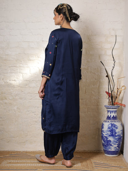 Blue Silk Embroidered Kurta Set