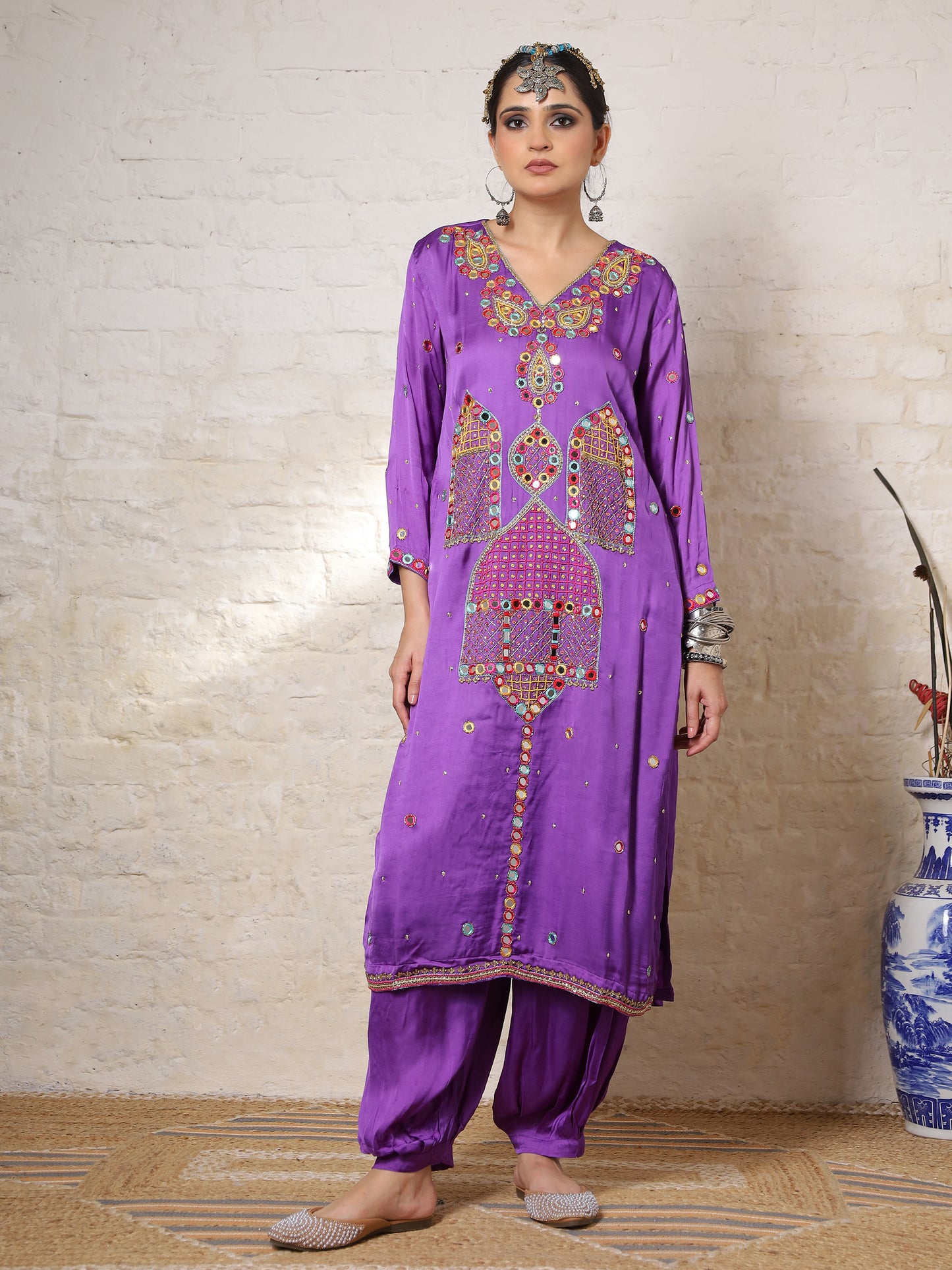Purple Silk Embroidered Kurta Set