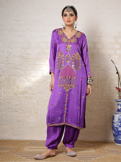 Purple Silk Embroidered Kurta Set