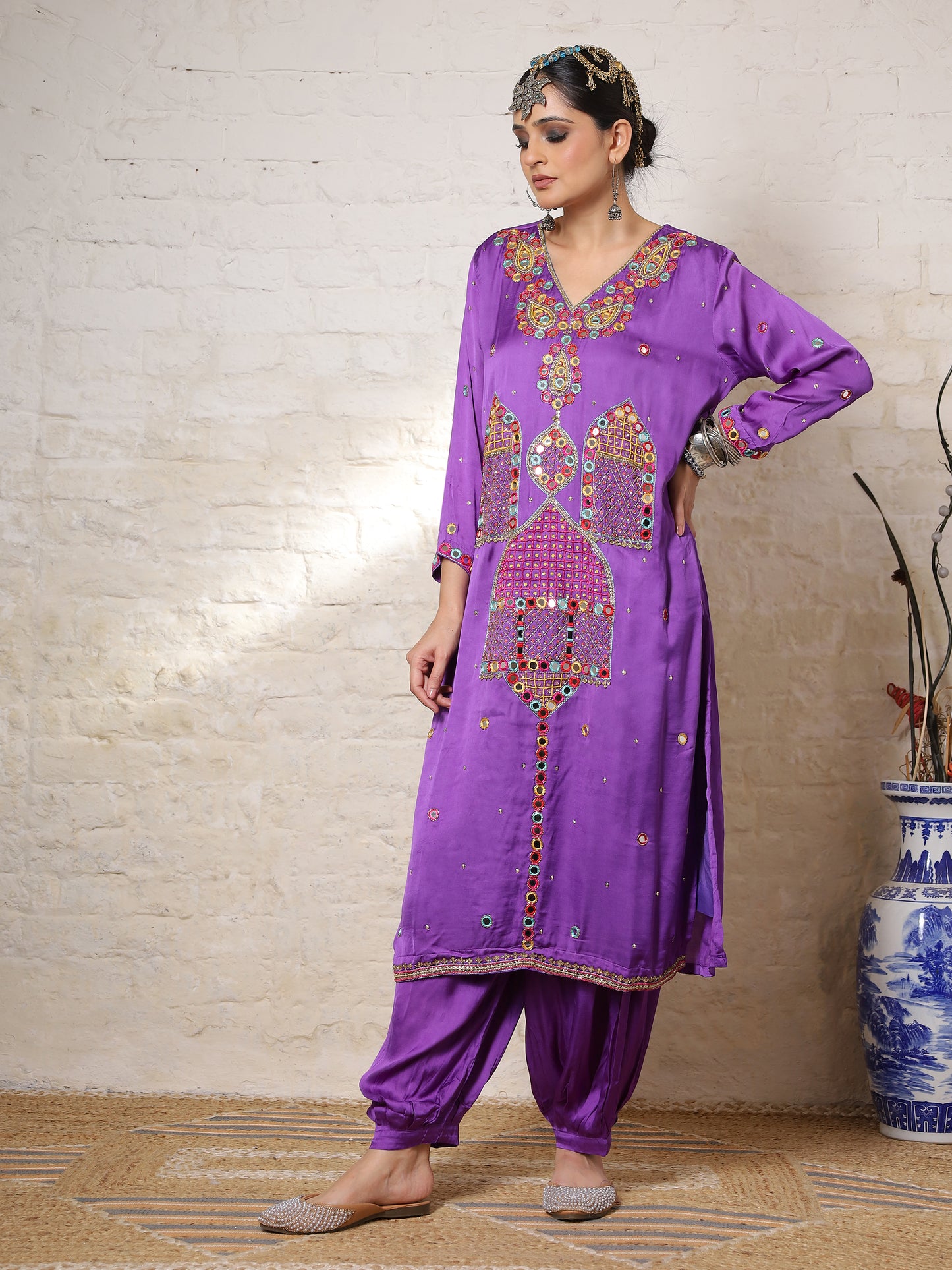 Purple Silk Embroidered Kurta Set