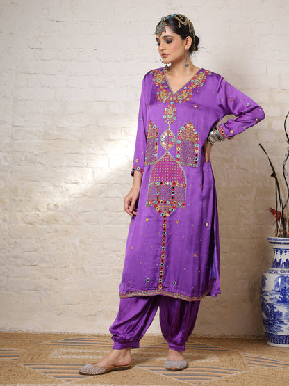 Purple Silk Embroidered Kurta Set