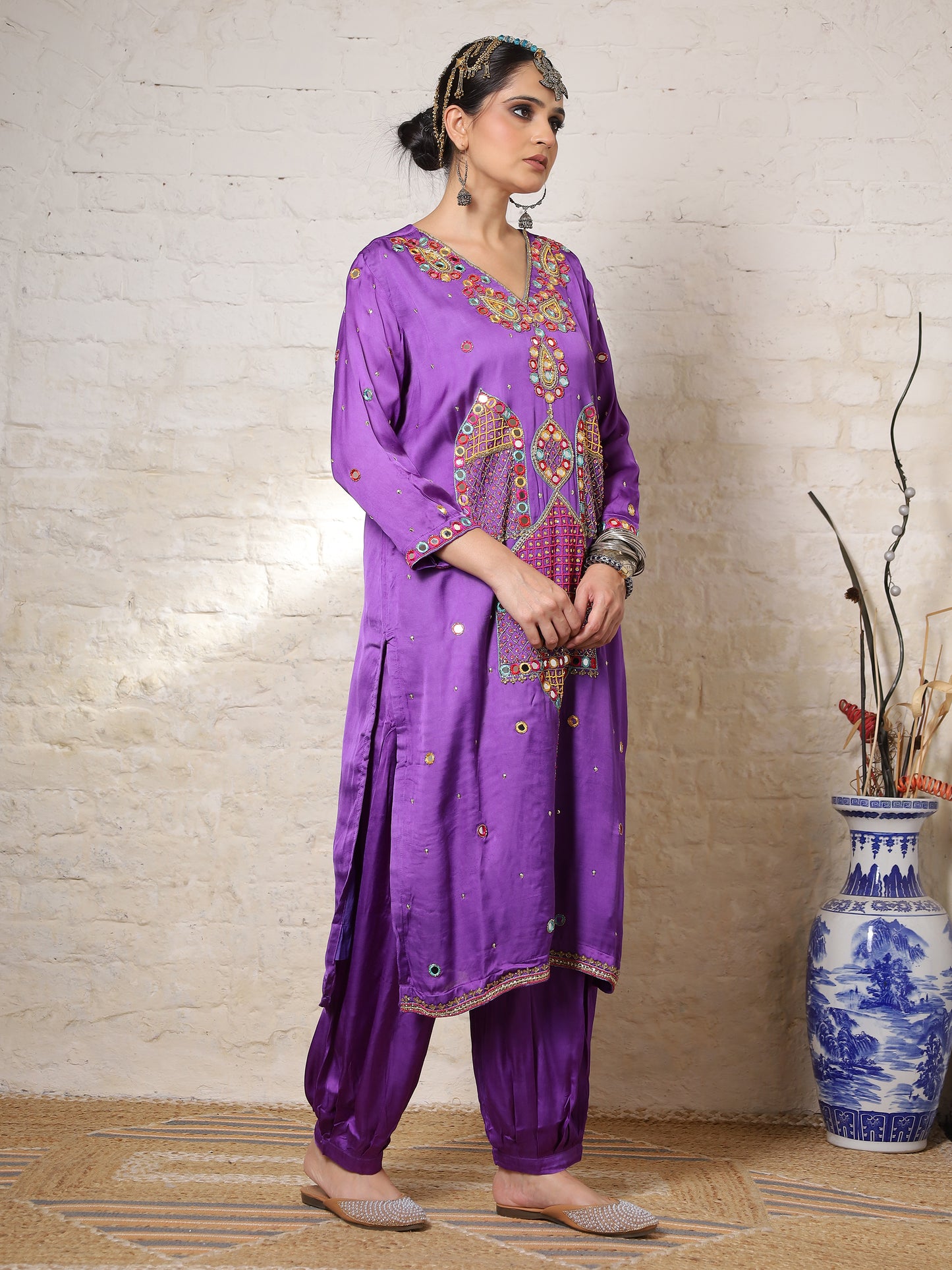 Purple Silk Embroidered Kurta Set