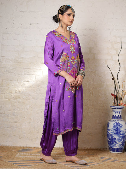 Purple Silk Embroidered Kurta Set