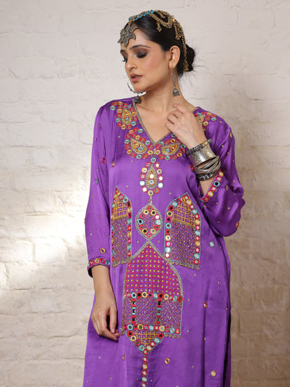 Purple Silk Embroidered Kurta Set