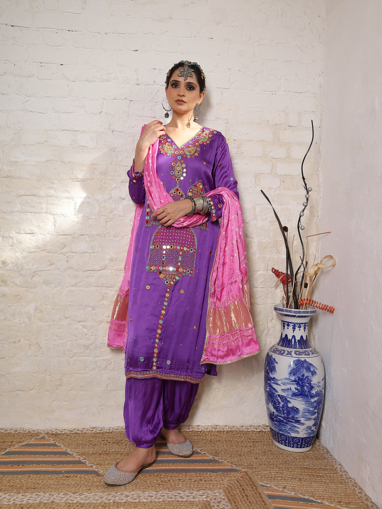 Purple Silk Embroidered Kurta Set