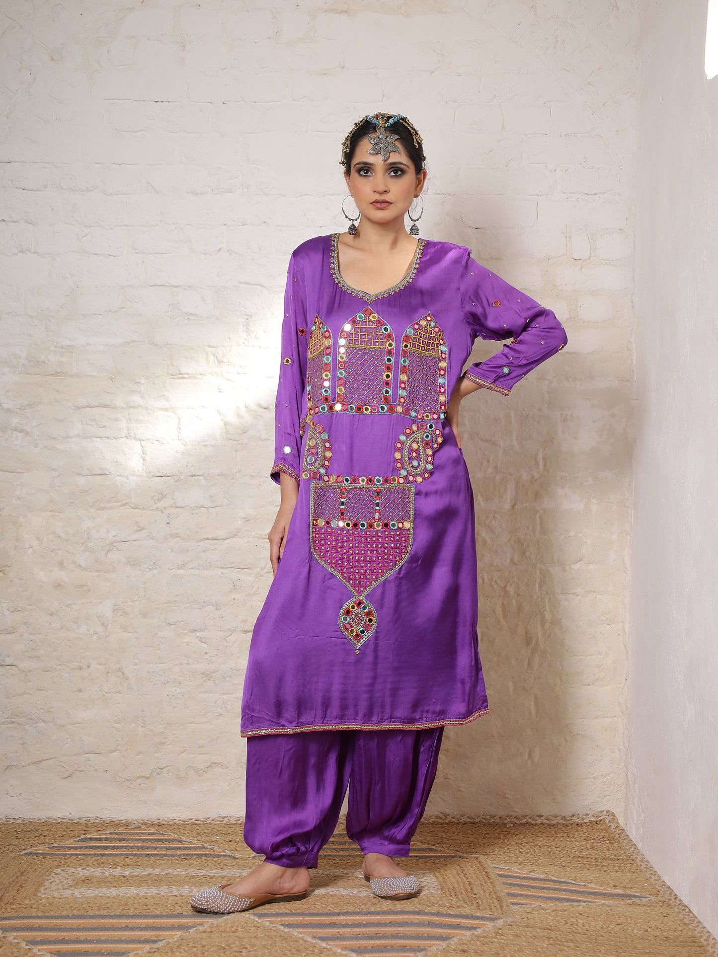 Purple Silk Embroidered Kurta Set