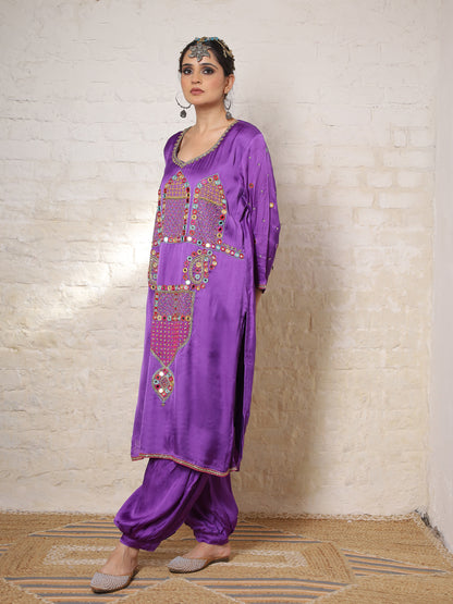 Purple Silk Embroidered Kurta Set