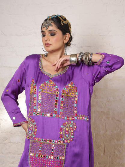 Purple Silk Embroidered Kurta Set