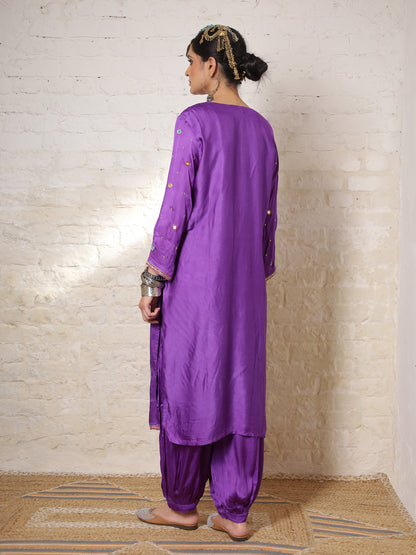 Purple Silk Embroidered Kurta Set