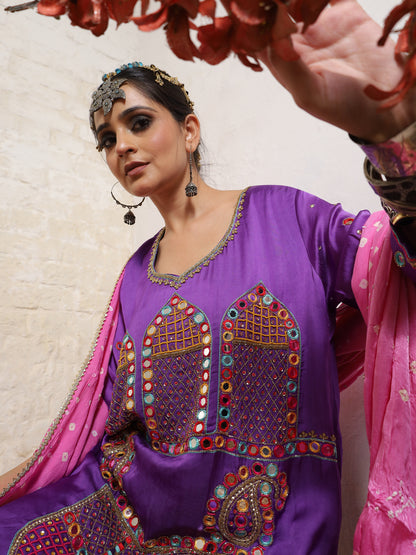 Purple Silk Embroidered Kurta Set