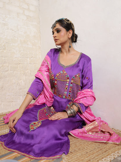 Purple Silk Embroidered Kurta Set