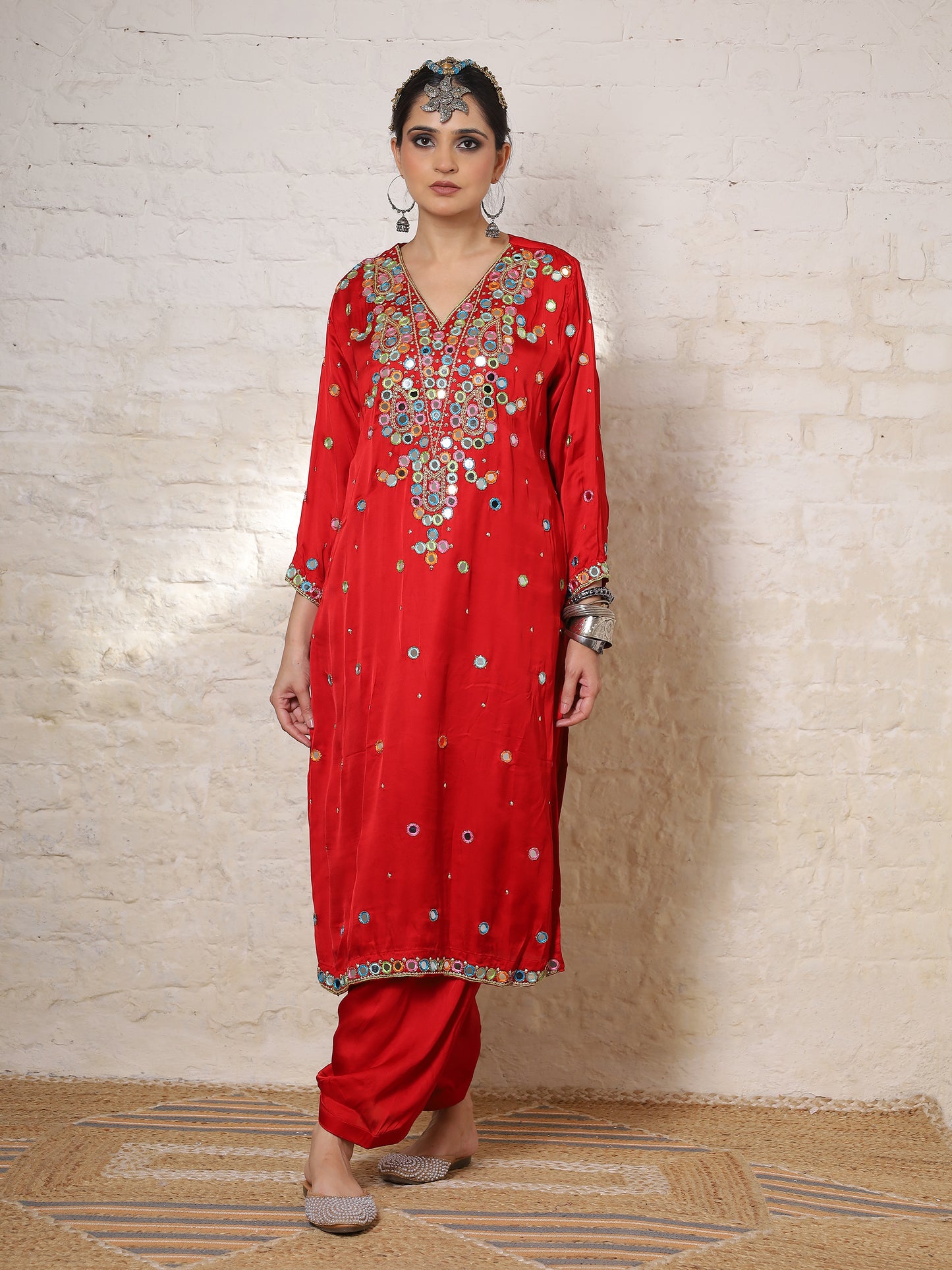 Red Silk Embroidered Paisley Kurta Set