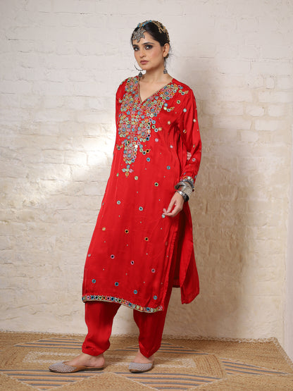 Red Silk Embroidered Paisley Kurta Set
