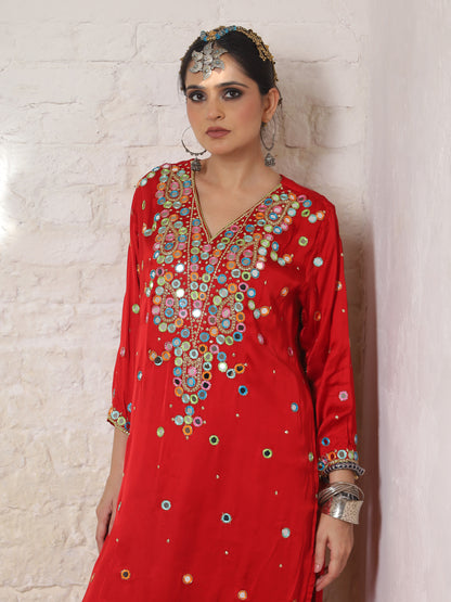 Red Silk Embroidered Paisley Kurta Set