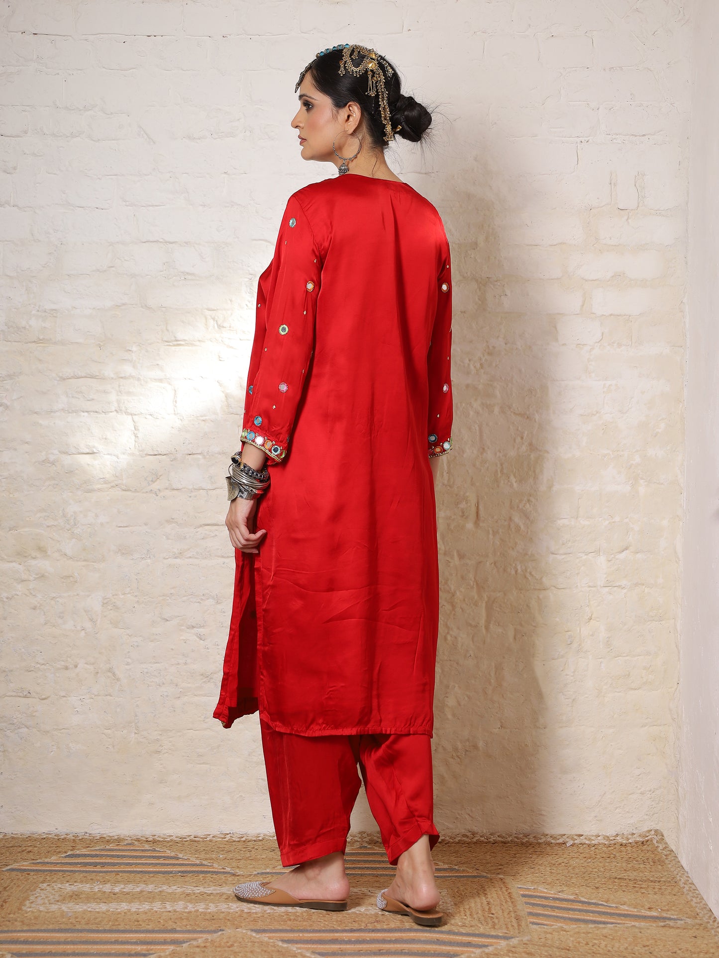 Red Silk Embroidered Paisley Kurta Set